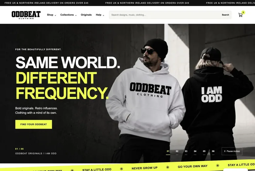Oddbeat Clothing website displayed on a desktop monitor