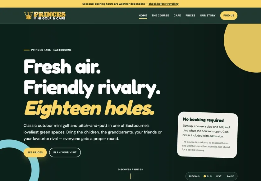 Princes Mini Golf website homepage